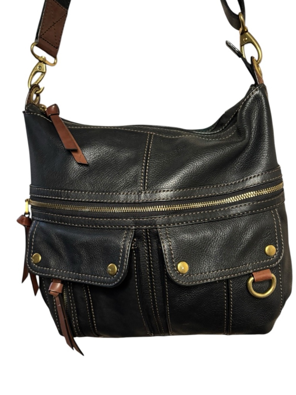 Fossil Black Leather Multi-Pocket Crossbody Shoulder Bag Brass Hardware